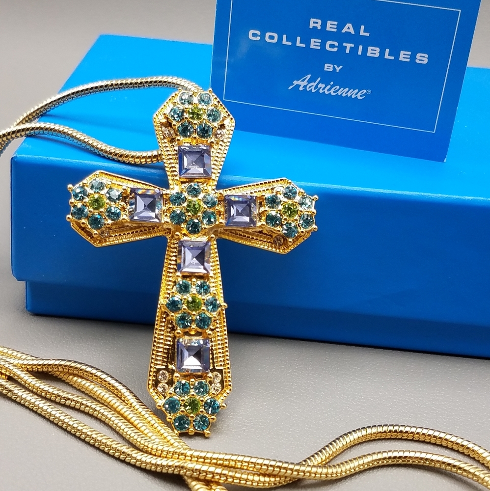 32 inch jeweled Crystal accented gold tone Cross Necklace RC by Adreinne